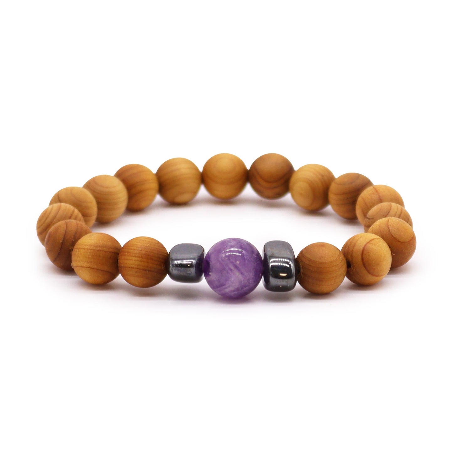 Unisex Cedarwood Third Eye Chakra Bracelet with Amethyst product packaging on clean background from Quintessential Holistic Health Ltd