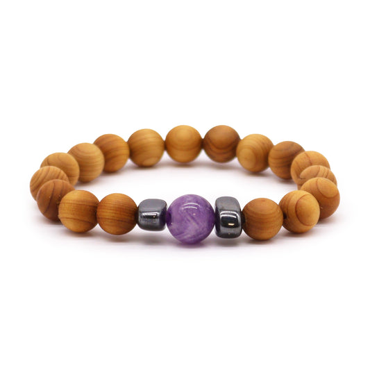 Unisex Cedarwood Third Eye Chakra Bracelet with Amethyst product packaging on clean background from Quintessential Holistic Health Ltd