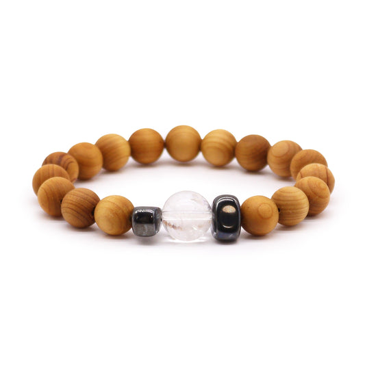Unisex Cedarwood Crown Chakra Bracelet with Clear Quartz product packaging on clean background from Quintessential Holistic Health Ltd
