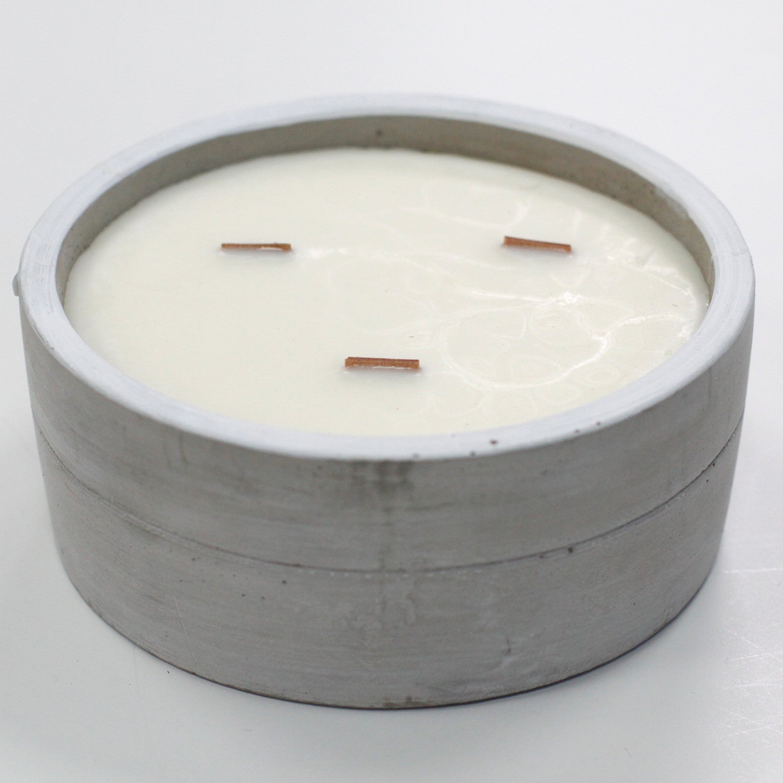 Concrete Wooden Wick Soy Candle Holder - Large / Round / Patchouli and Dark Amber product packaging on clean background from Quintessential Holistic Health Ltd
