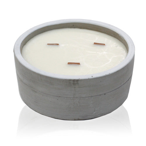 Concrete Wooden Wick Soy Candle Holder - Large / Round / Patchouli and Dark Amber product packaging on clean background from Quintessential Holistic Health Ltd