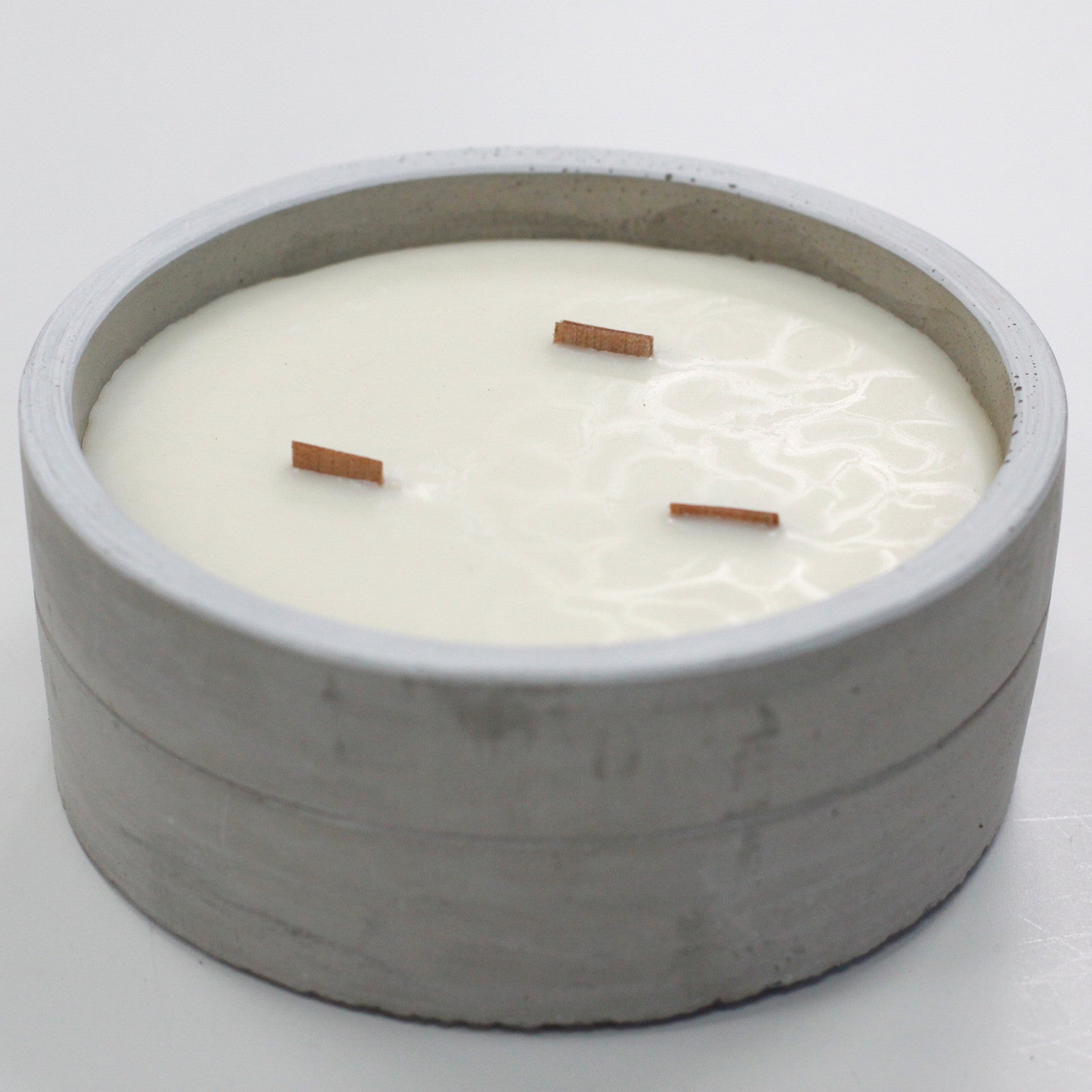 Concrete Wooden Wick Soy Candle Holder - Large / Round / Crushed Vanilla and Orange product packaging on clean background from Quintessential Holistic Health Ltd
