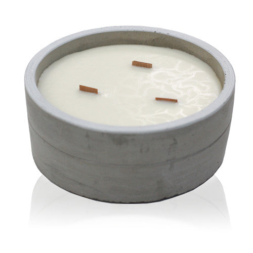 Concrete Wooden Wick Soy Candle Holder - Large / Round / Crushed Vanilla and Orange product packaging on clean background from Quintessential Holistic Health Ltd