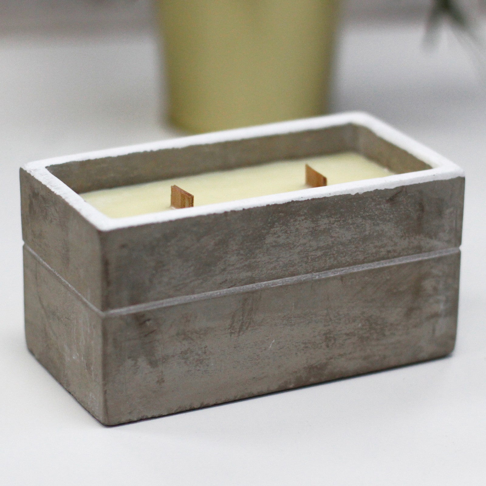 Concrete Wooden Wick Soy Candle Holder - Large / Rectangular / Spiced South Sea Lime product packaging on clean background from Quintessential Holistic Health Ltd