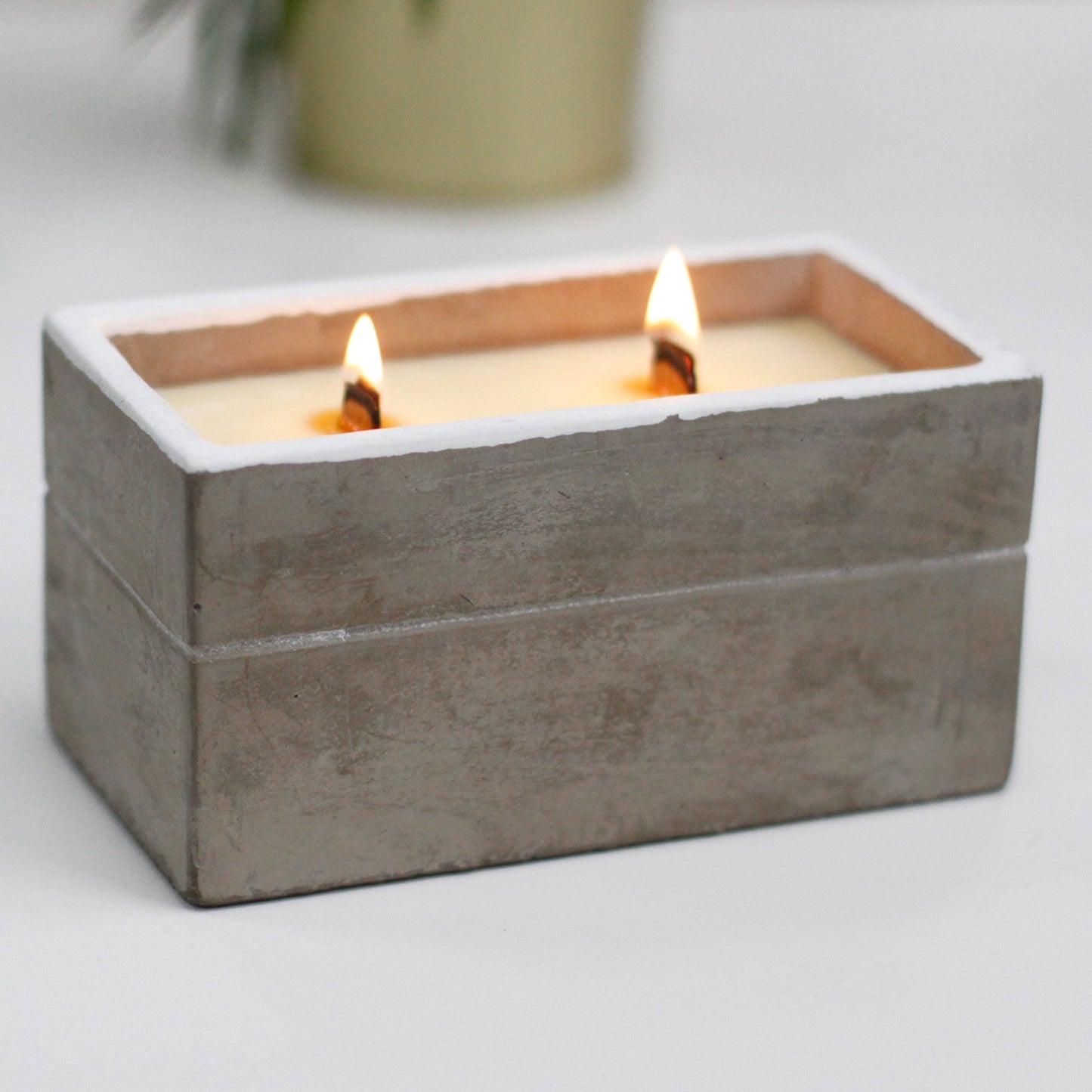 Concrete Wooden Wick Soy Candle Holder - Large / Rectangular / Spiced South Sea Lime product packaging on clean background from Quintessential Holistic Health Ltd