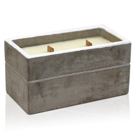 Concrete Wooden Wick Soy Candle Holder - Large / Rectangular / Spiced South Sea Lime product packaging on clean background from Quintessential Holistic Health Ltd
