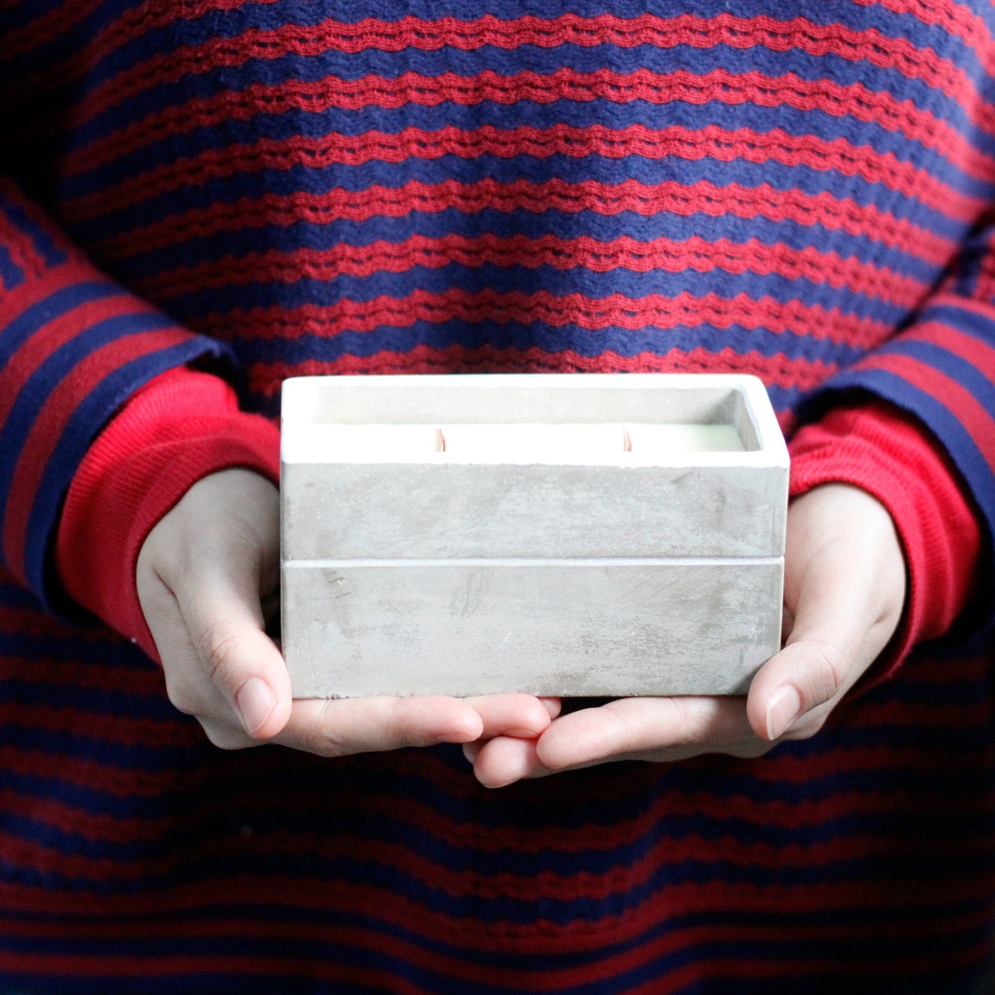 Concrete Wooden Wick Soy Candle Holder - Large / Rectangular / Clove and Dark Sandalwood product packaging on clean background from Quintessential Holistic Health Ltd