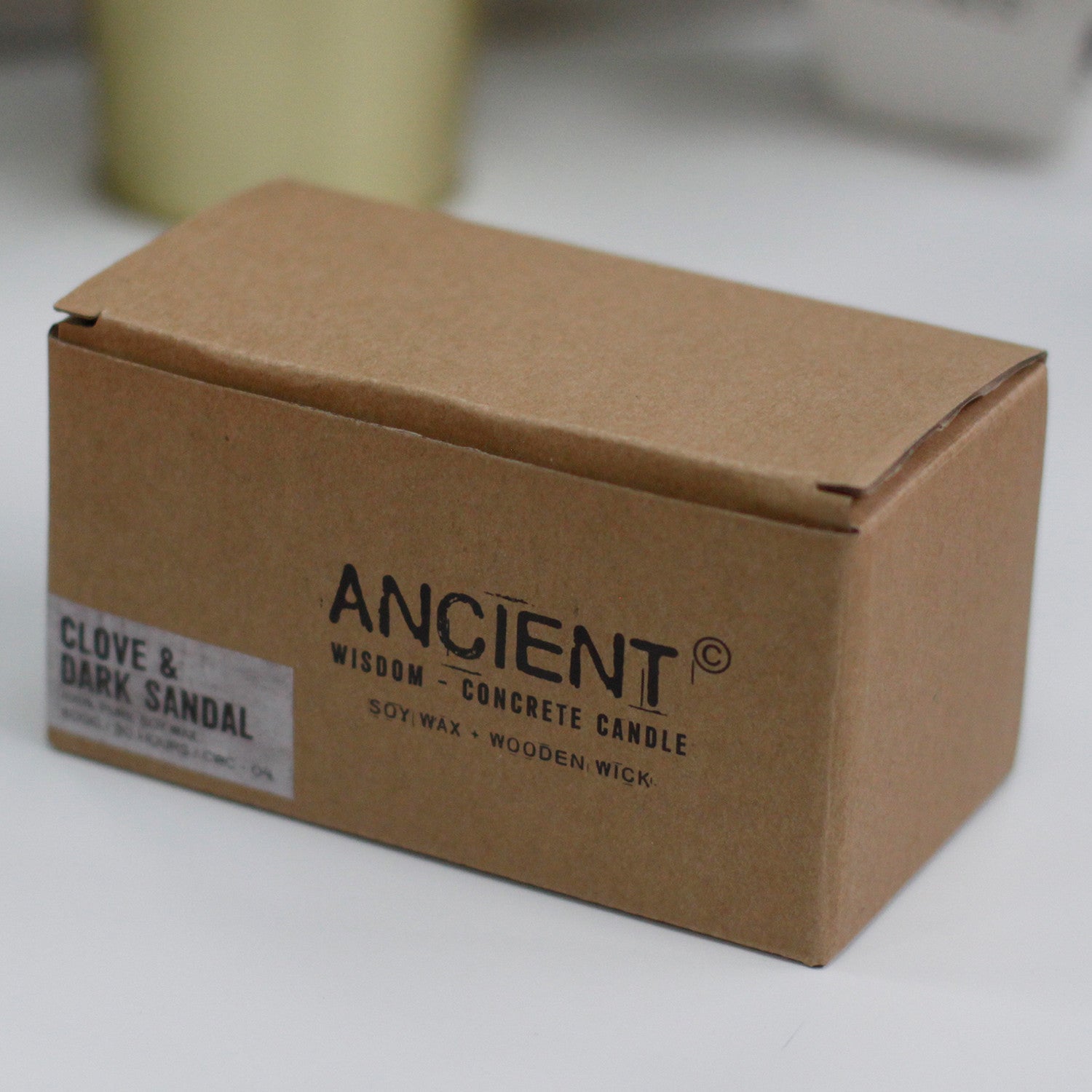 Concrete Wooden Wick Soy Candle Holder - Large / Rectangular / Clove and Dark Sandalwood product packaging on clean background from Quintessential Holistic Health Ltd