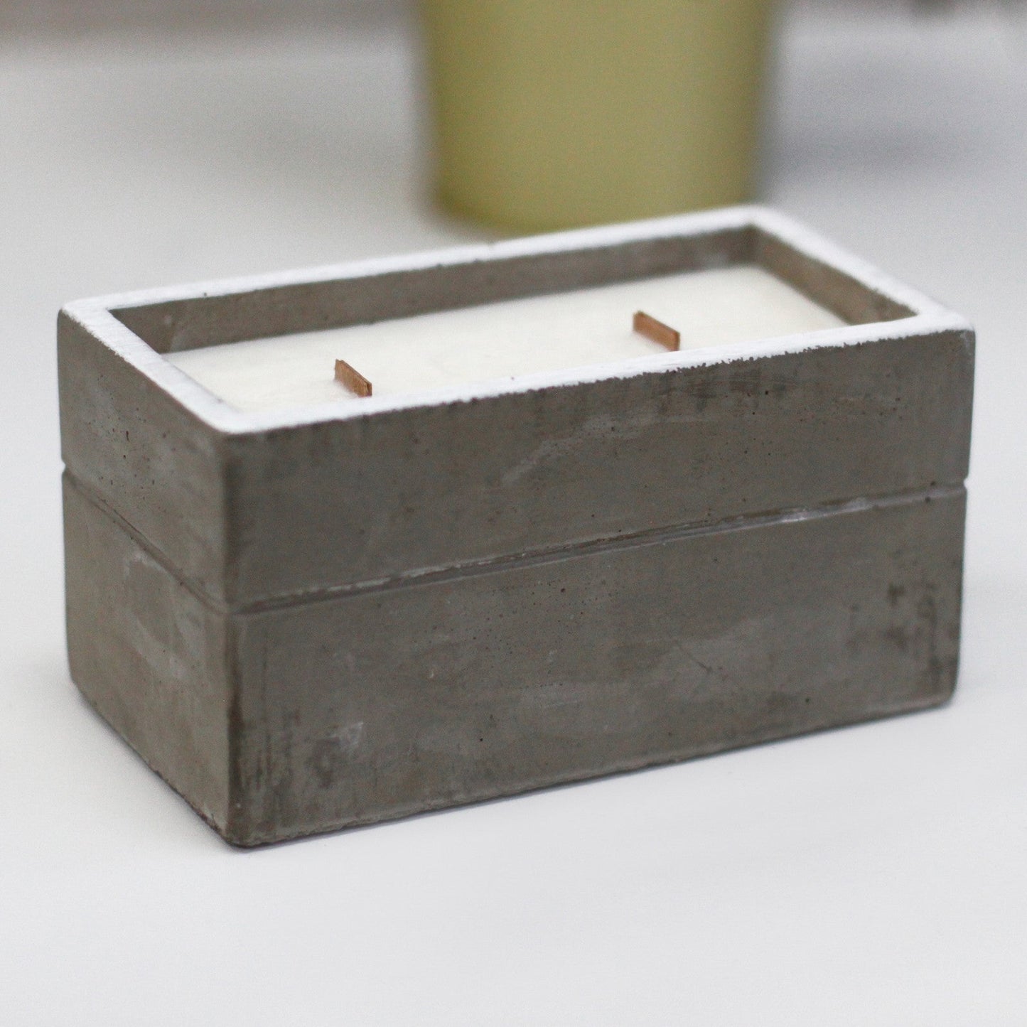Concrete Wooden Wick Soy Candle Holder - Large / Rectangular / Clove and Dark Sandalwood product packaging on clean background from Quintessential Holistic Health Ltd