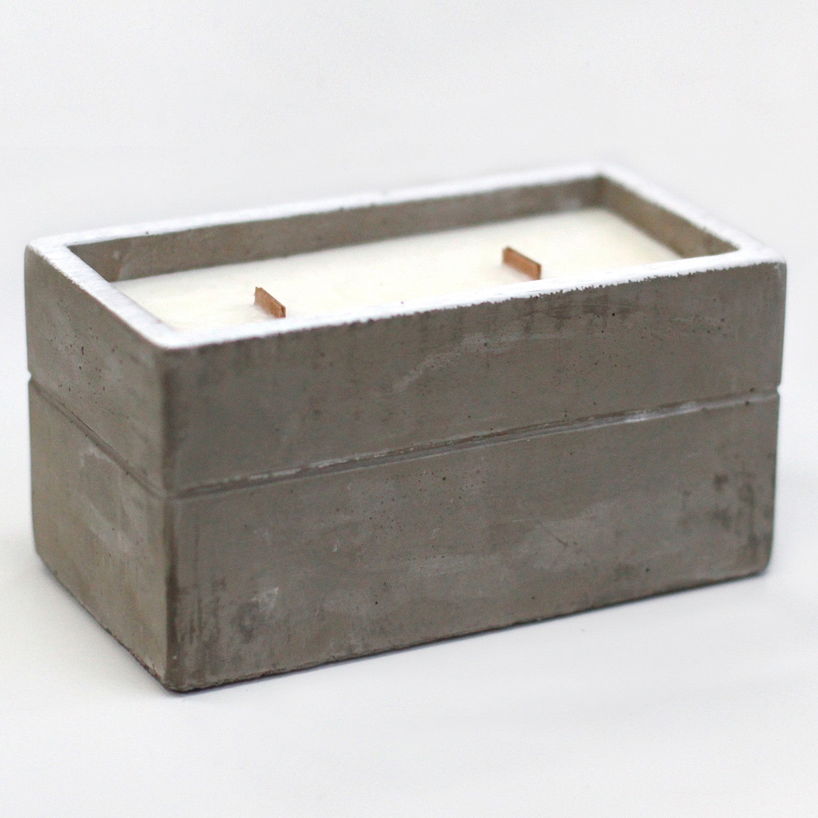 Concrete Wooden Wick Soy Candle Holder - Large / Rectangular / Clove and Dark Sandalwood product packaging on clean background from Quintessential Holistic Health Ltd