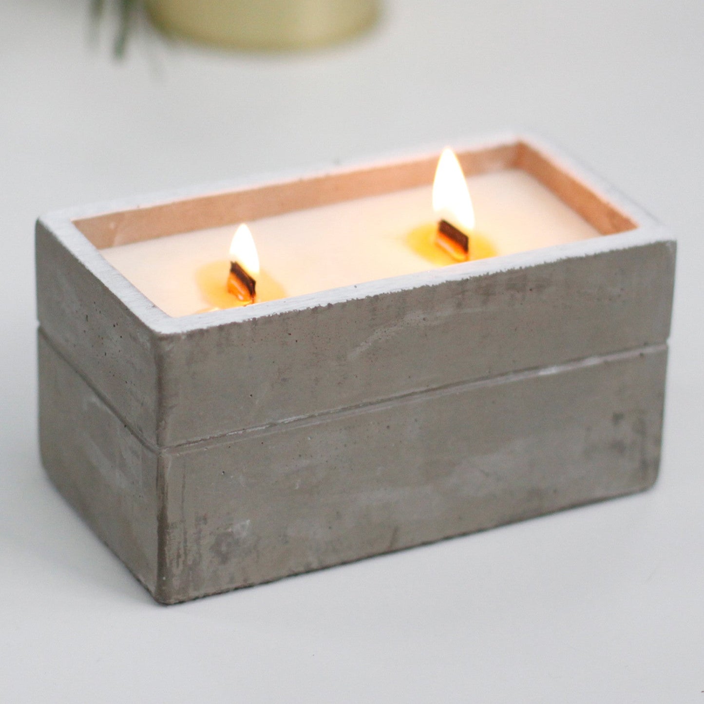 Concrete Wooden Wick Soy Candle Holder - Large / Rectangular / Clove and Dark Sandalwood product packaging on clean background from Quintessential Holistic Health Ltd