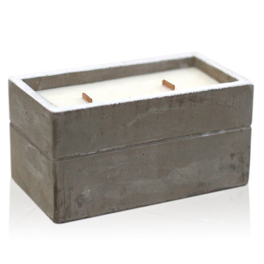 Concrete Wooden Wick Soy Candle Holder - Large / Rectangular / Clove and Dark Sandalwood product packaging on clean background from Quintessential Holistic Health Ltd