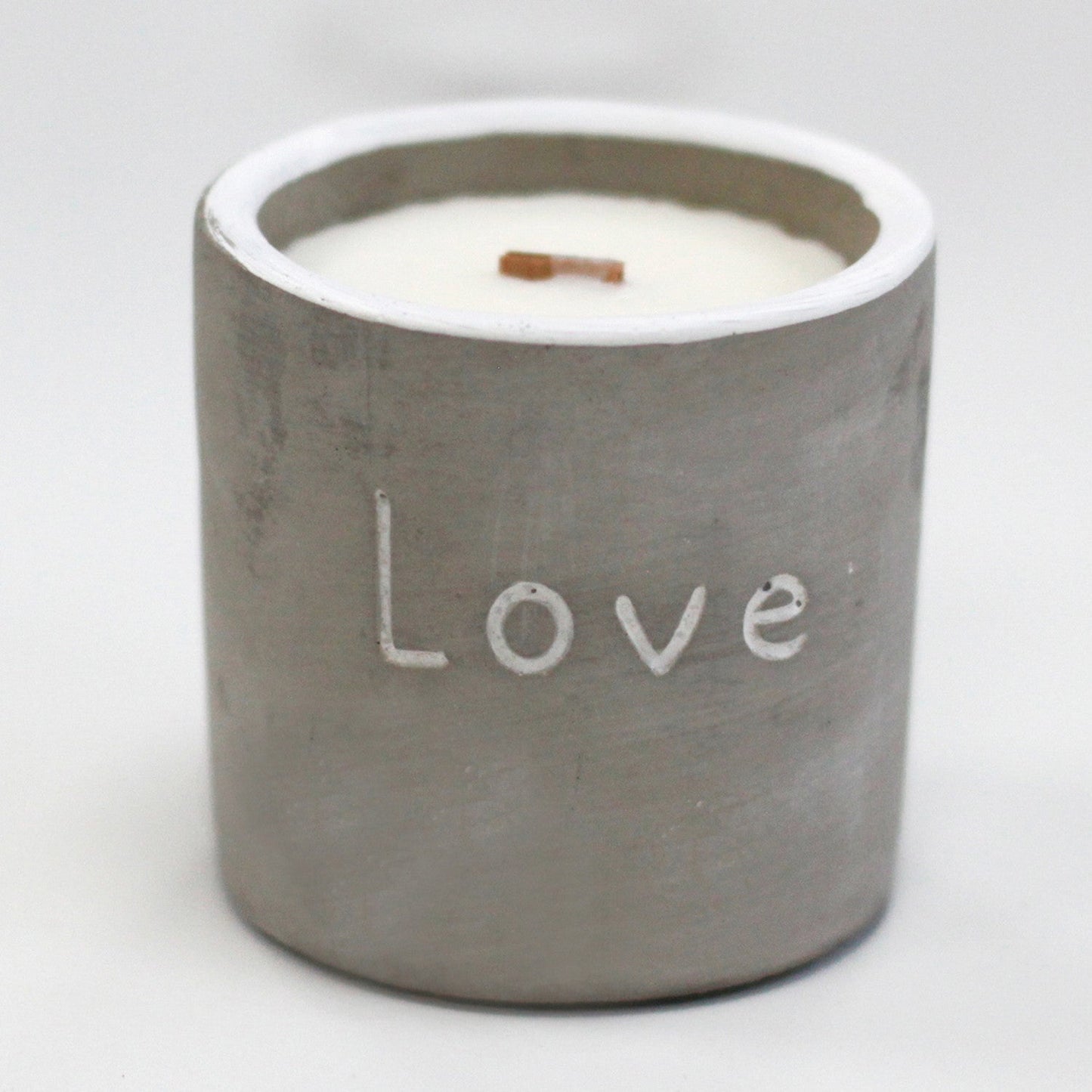 Concrete Wooden Wick Soy Candle Holder - Medium / Round / Love / Purple Fig and Casis product packaging on clean background from Quintessential Holistic Health Ltd