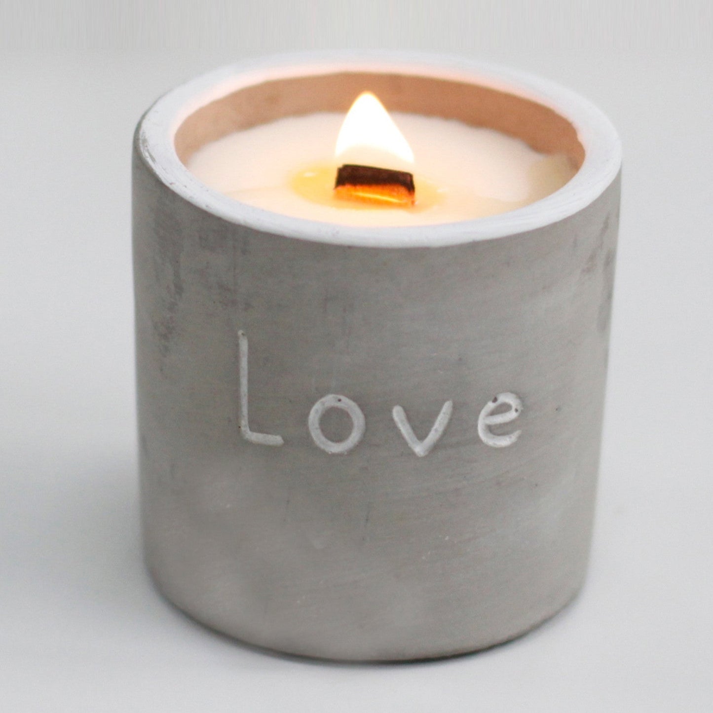 Concrete Wooden Wick Soy Candle Holder - Medium / Round / Love / Purple Fig and Casis product packaging on clean background from Quintessential Holistic Health Ltd
