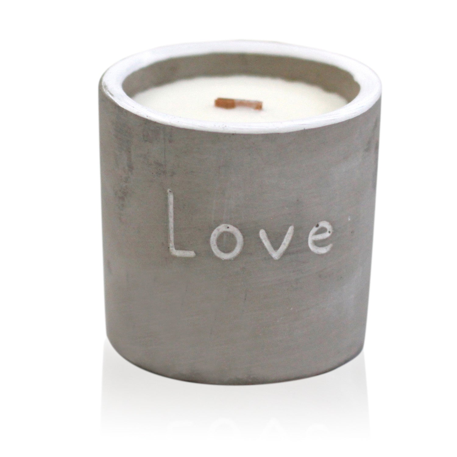 Concrete Wooden Wick Soy Candle Holder - Medium / Round / Love / Purple Fig and Casis product packaging on clean background from Quintessential Holistic Health Ltd