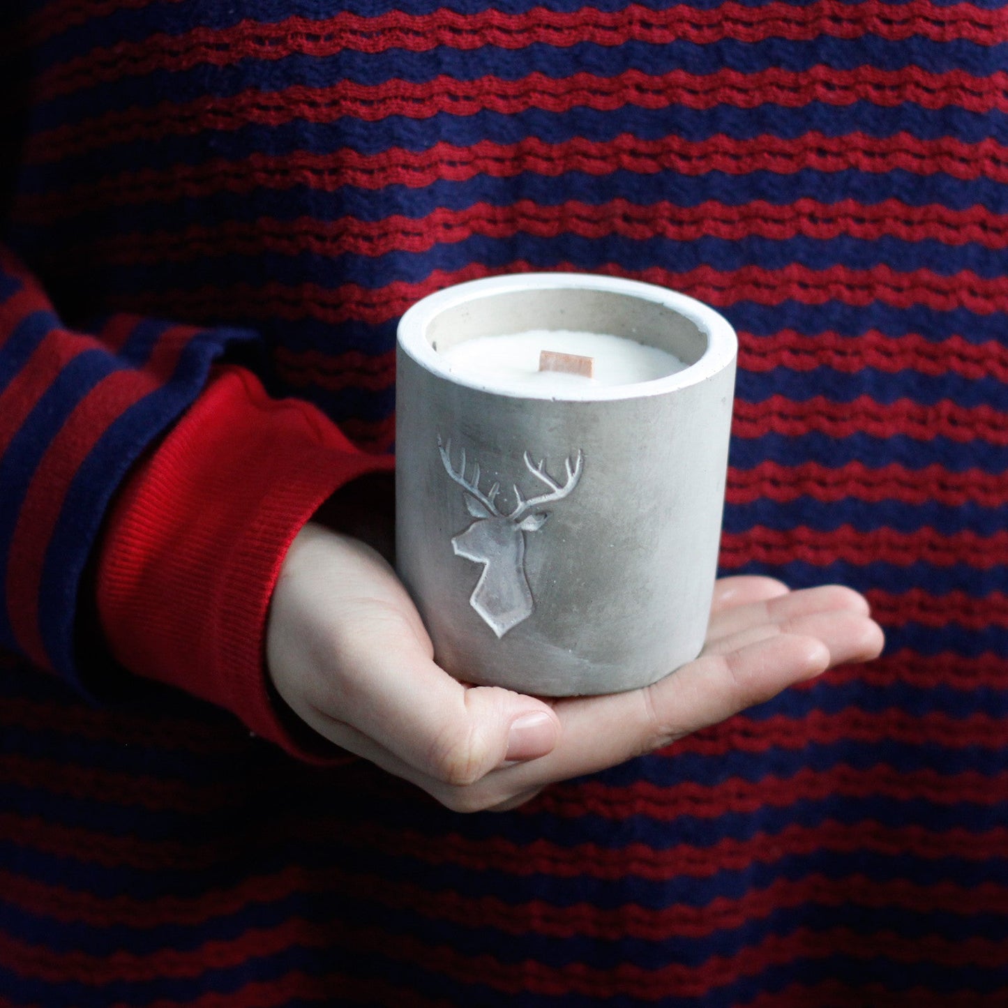 Concrete Wooden Wick Soy Candle Holder - Medium / Round / Stags Head / Whisky and Woodsmoke product packaging on clean background from Quintessential Holistic Health Ltd