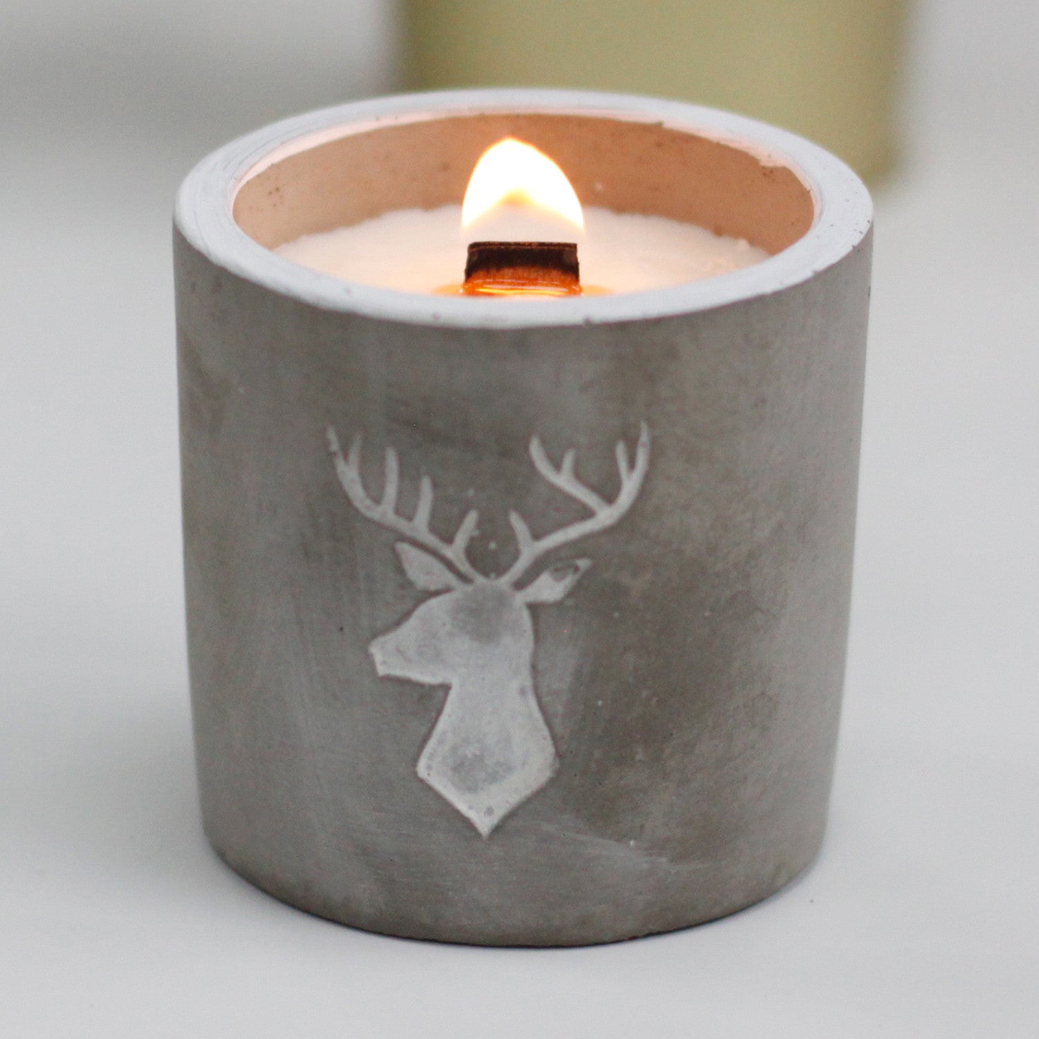 Concrete Wooden Wick Soy Candle Holder - Medium / Round / Stags Head / Whisky and Woodsmoke product packaging on clean background from Quintessential Holistic Health Ltd