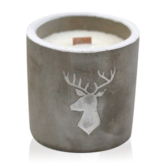 Concrete Wooden Wick Soy Candle Holder - Medium / Round / Stags Head / Whisky and Woodsmoke product packaging on clean background from Quintessential Holistic Health Ltd