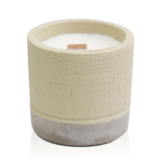 Concrete Wooden Wick Soy Candle Holder - Medium / Round / Beige and Grey / Coffee product packaging on clean background from Quintessential Holistic Health Ltd