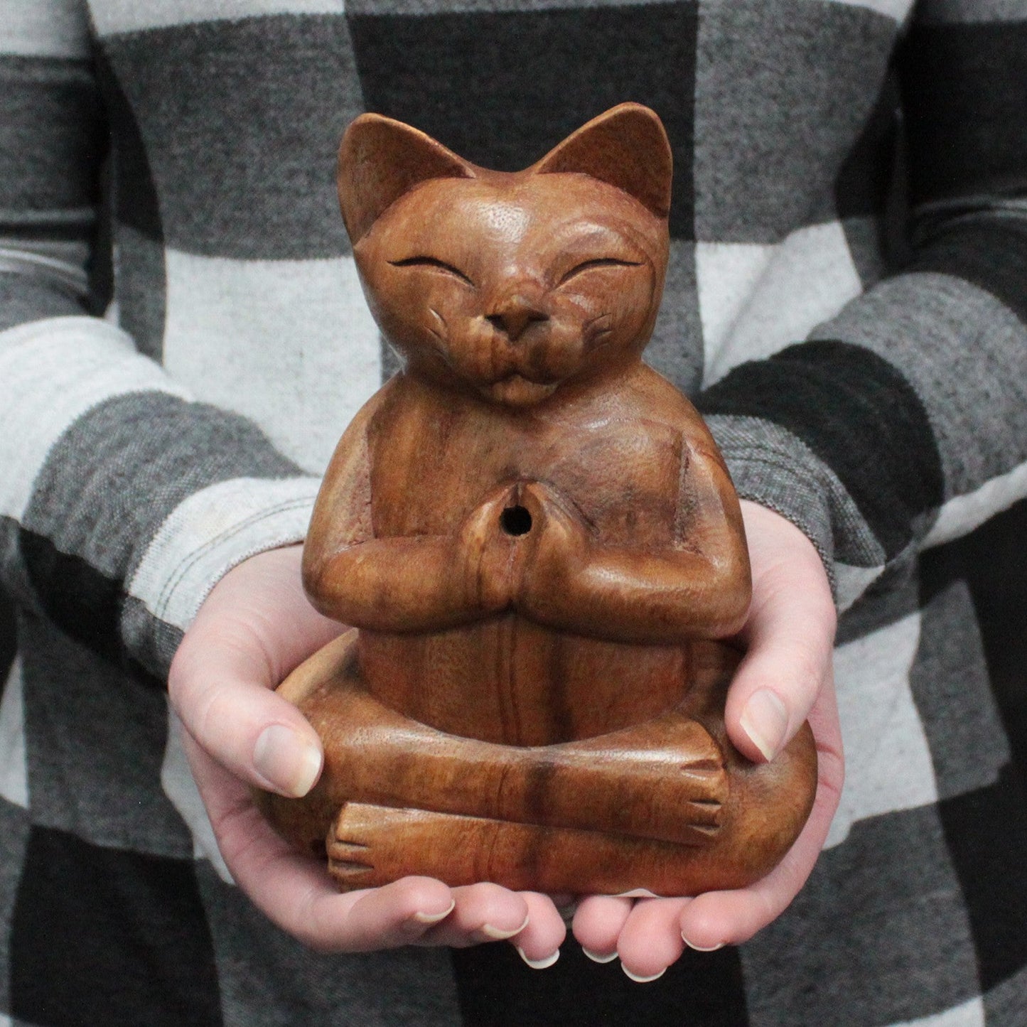 Suar Wood Hand Carved Incense Burners - Yoga Cat / Large product packaging on clean background from Quintessential Holistic Health Ltd