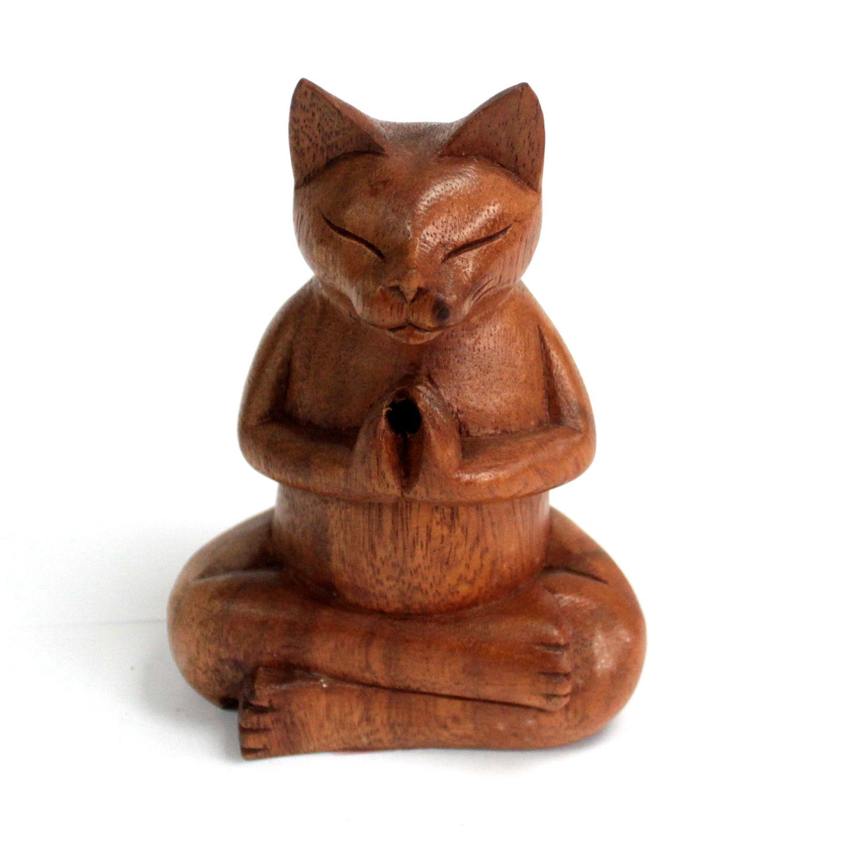 Hand-Carved Suar Wood Incense Cone Burner - Medium Yoga Cat, a seated brown cat figure with closed eyes, joined paws and a body opening by Quintessential Holistic Health Ltd