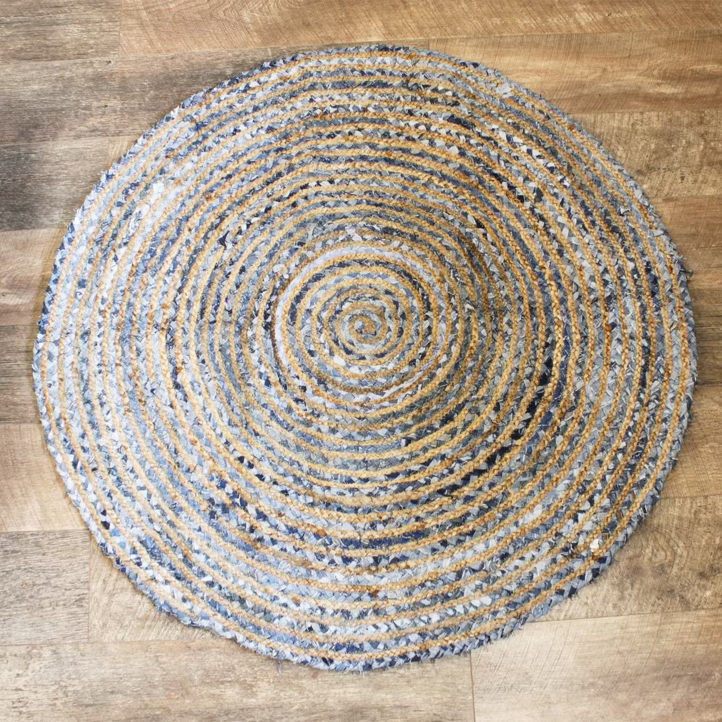 Handmade Round Jute and Recycled Denim Rug - 120cm