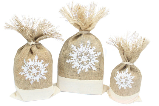 Set of 3 Eco-Friendly Jute Danish Pouches - Snowflake product packaging on clean background from Quintessential Holistic Health Ltd