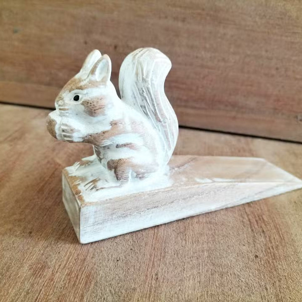 Hand-Carved Eco-Friendly Wooden Animal Doorstop - Squirrel