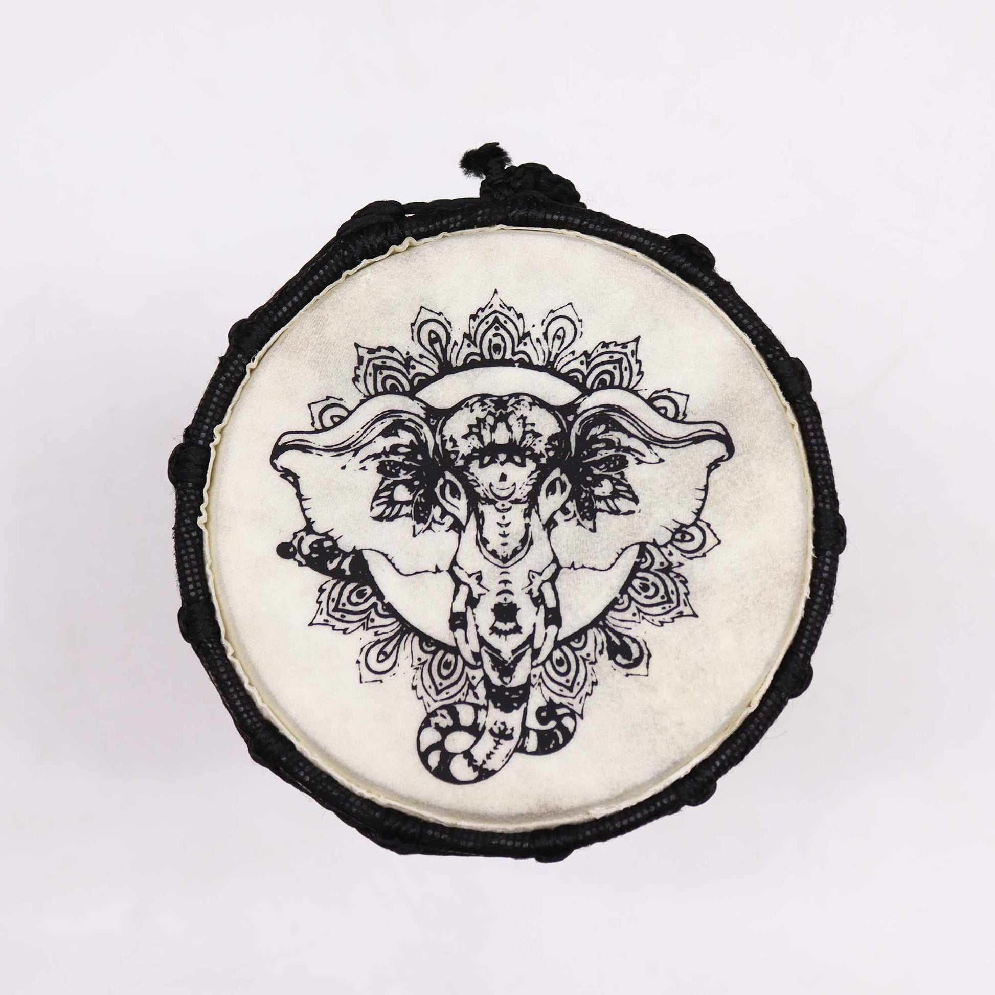 12cm Wide Top Djembe Drum - Elephant product packaging on clean background from Quintessential Holistic Health Ltd