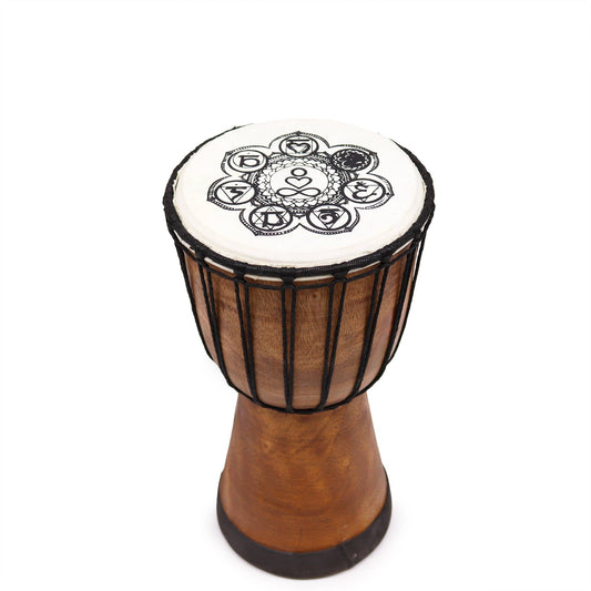 17cm Chakra Wide Top Djembe Drum - Chakra product packaging on clean background from Quintessential Holistic Health Ltd