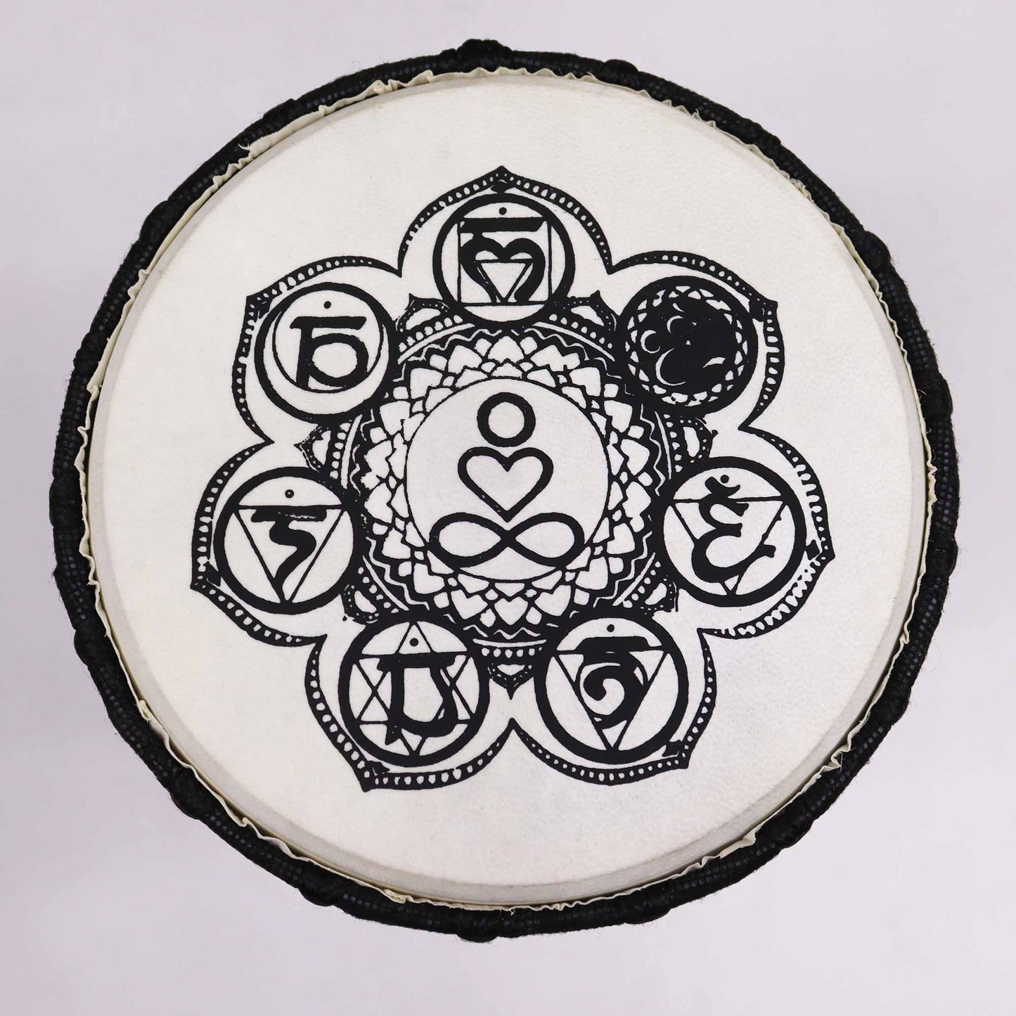 17cm Chakra Wide Top Djembe Drum - Chakra product packaging on clean background from Quintessential Holistic Health Ltd
