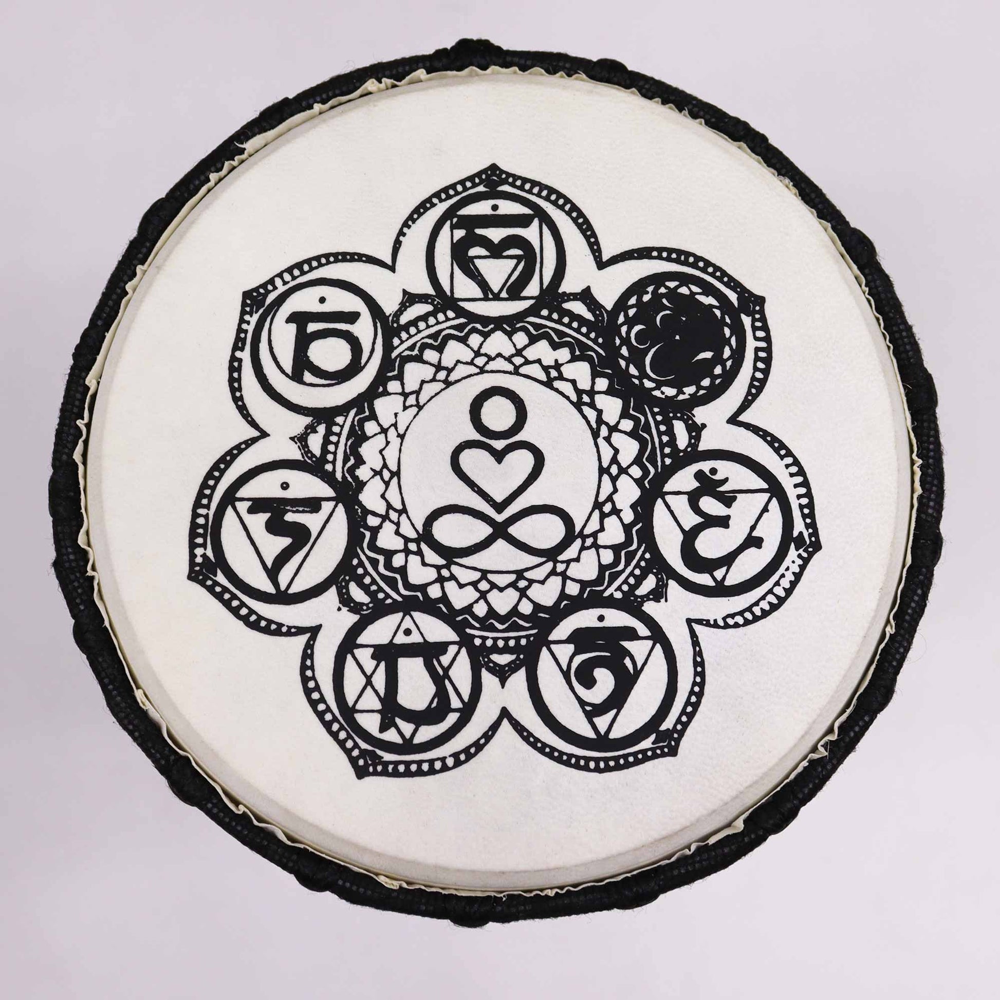 17cm Chakra Wide Top Djembe Drum - Chakra product packaging on clean background from Quintessential Holistic Health Ltd