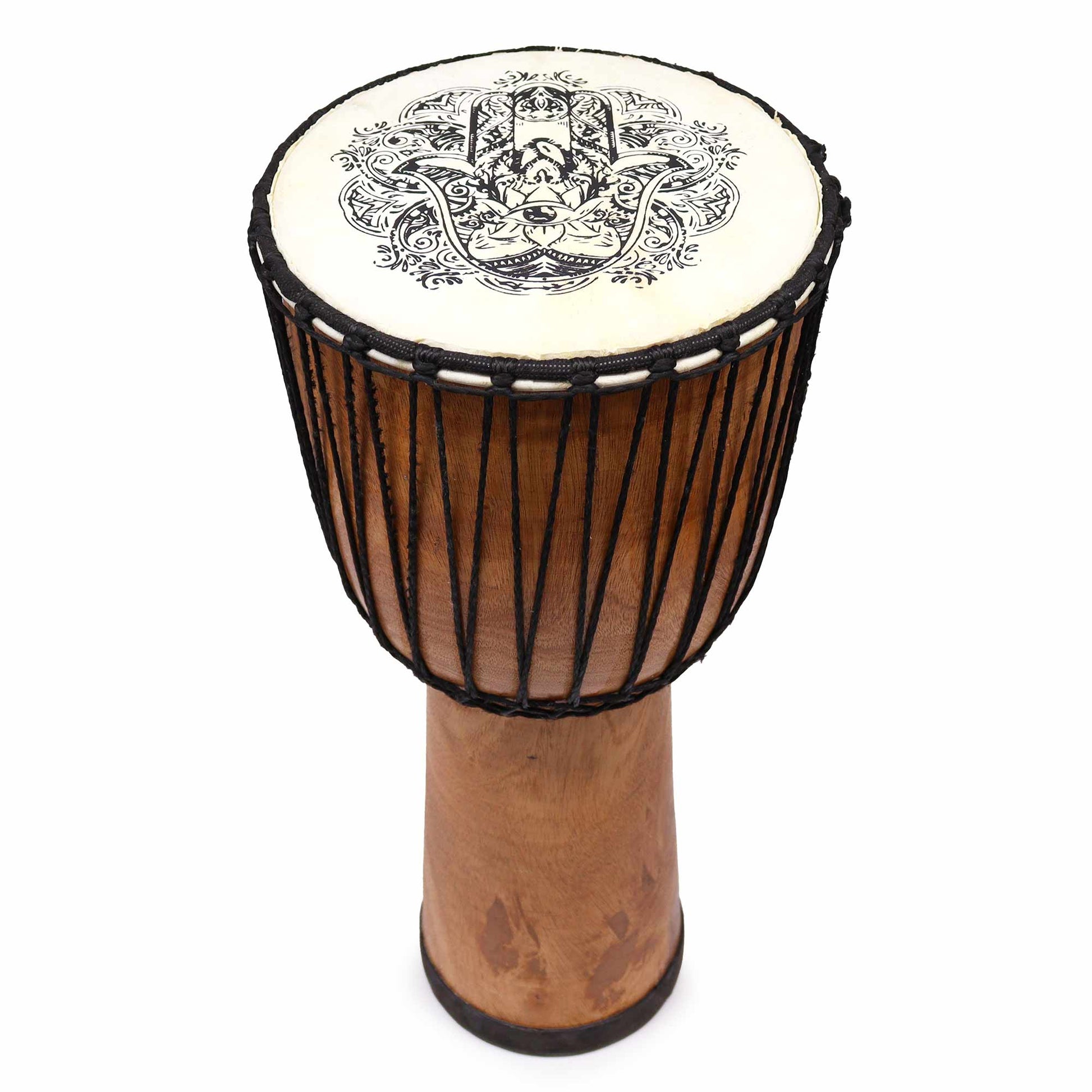 22cm Wide Top Djembe Drum - Hamsa product packaging on clean background from Quintessential Holistic Health Ltd