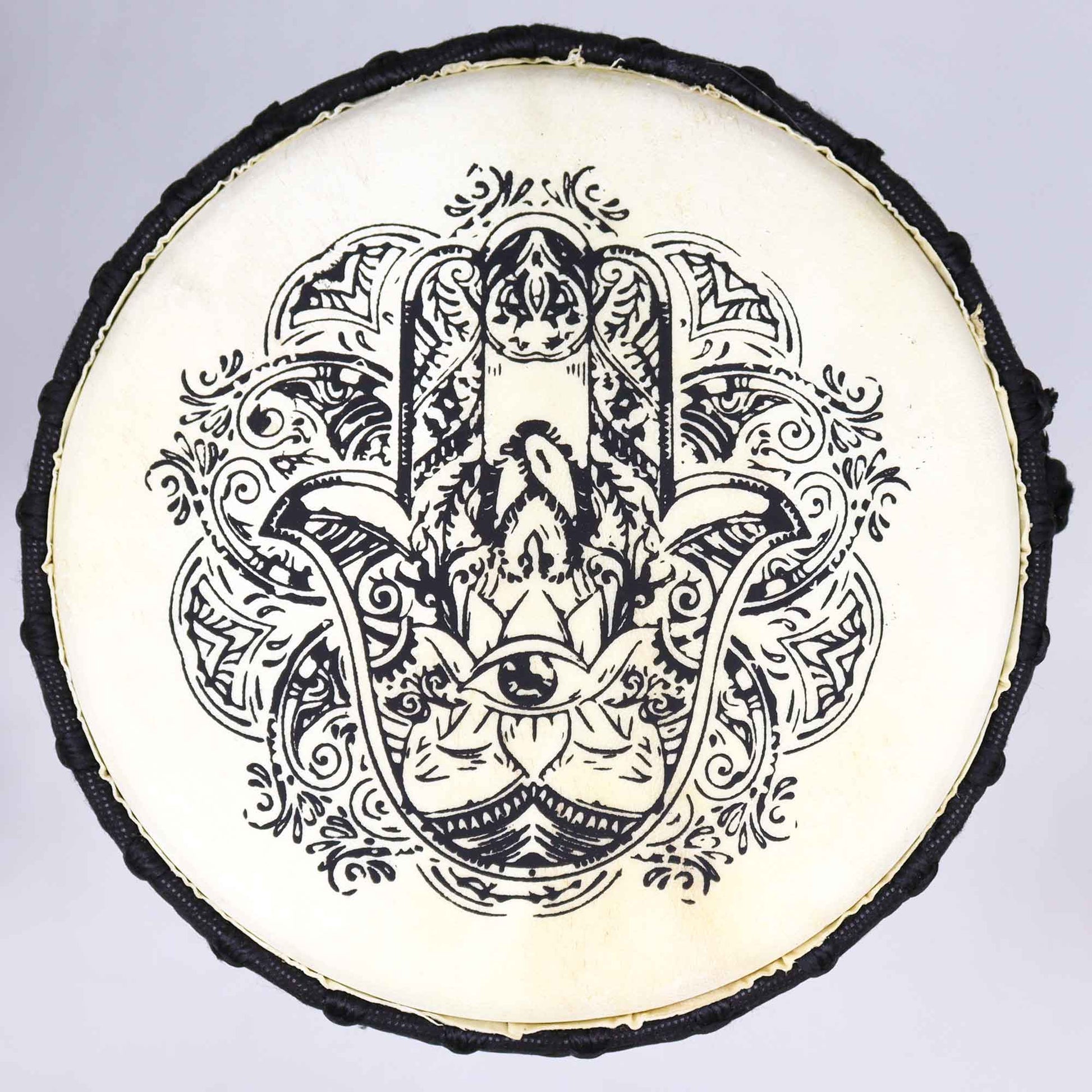 22cm Wide Top Djembe Drum - Hamsa product packaging on clean background from Quintessential Holistic Health Ltd