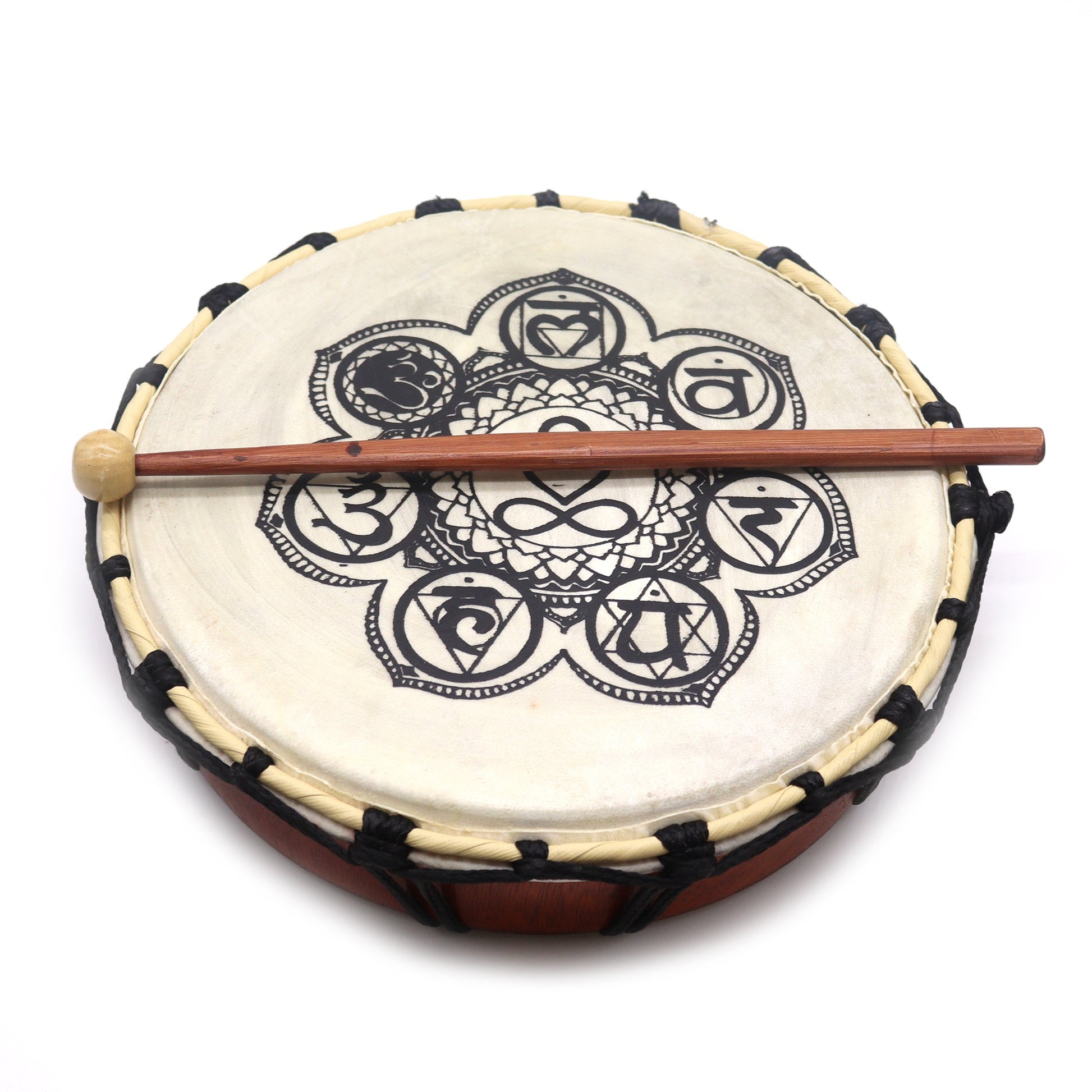 25cm Shamanic Drum with 1 Stick - Chakra product packaging on clean background from Quintessential Holistic Health Ltd