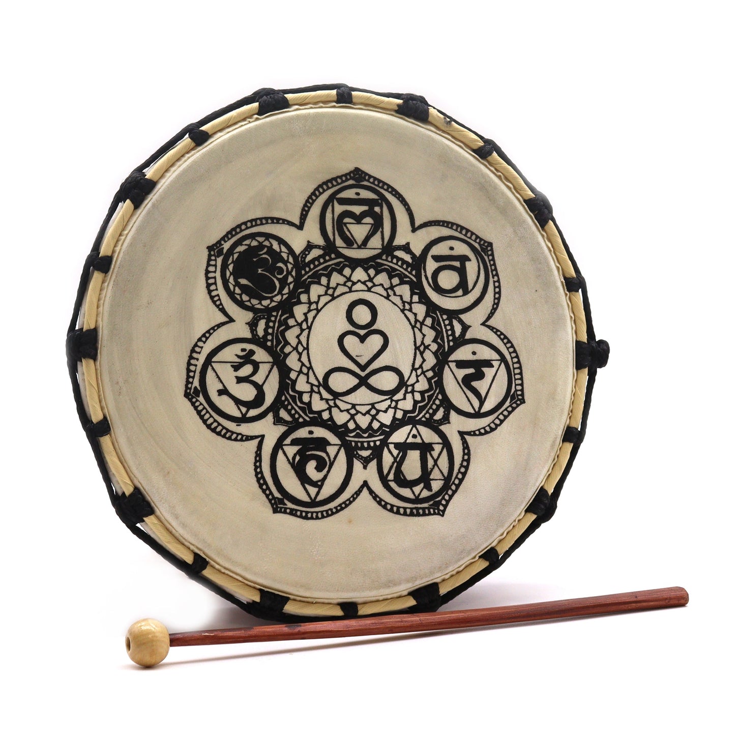 25cm Shamanic Drum with 1 Stick - Chakra product packaging on clean background from Quintessential Holistic Health Ltd