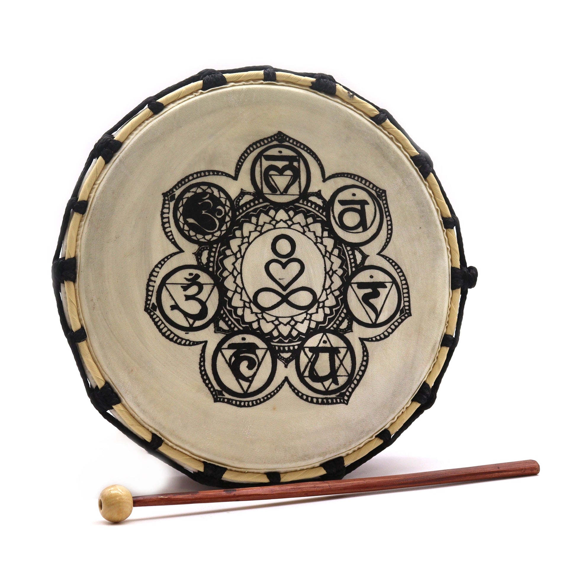 25cm Shamanic Drum with 1 Stick - Chakra product packaging on clean background from Quintessential Holistic Health Ltd