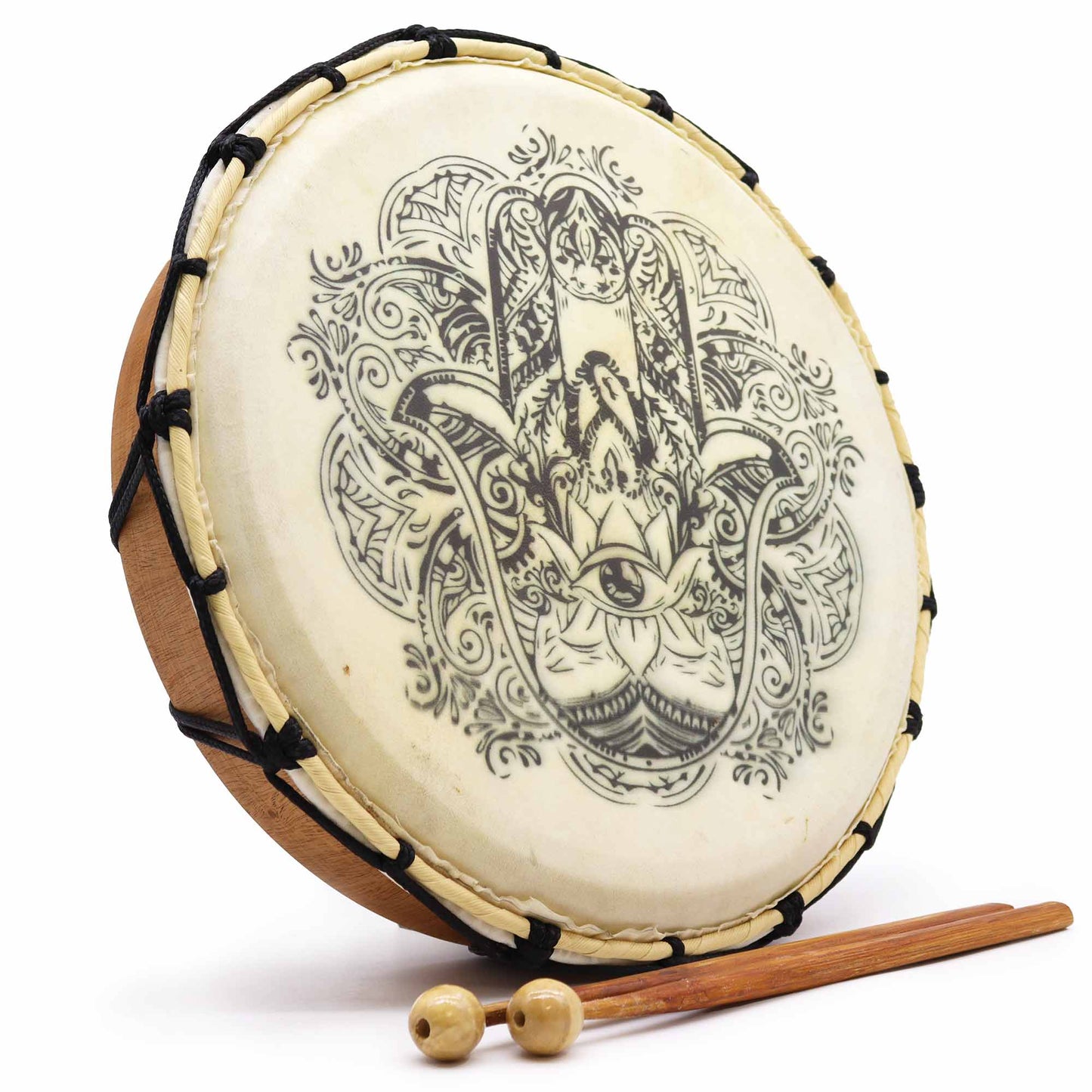 30cm Shamanic Drum with Two Sticks - Hamsa product packaging on clean background from Quintessential Holistic Health Ltd