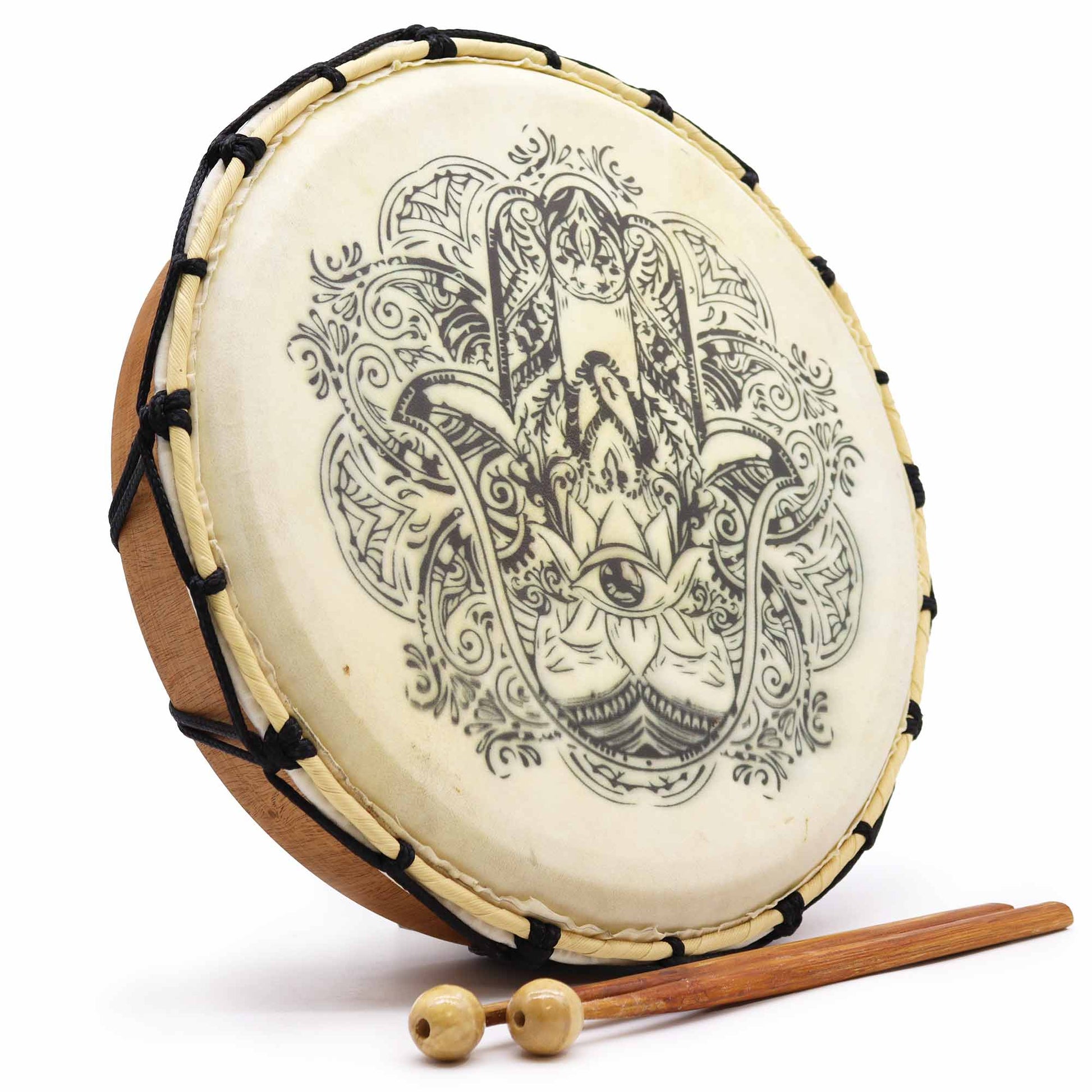 30cm Shamanic Drum with Two Sticks - Hamsa product packaging on clean background from Quintessential Holistic Health Ltd