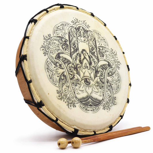 30cm Shamanic Drum with Two Sticks - Hamsa product packaging on clean background from Quintessential Holistic Health Ltd