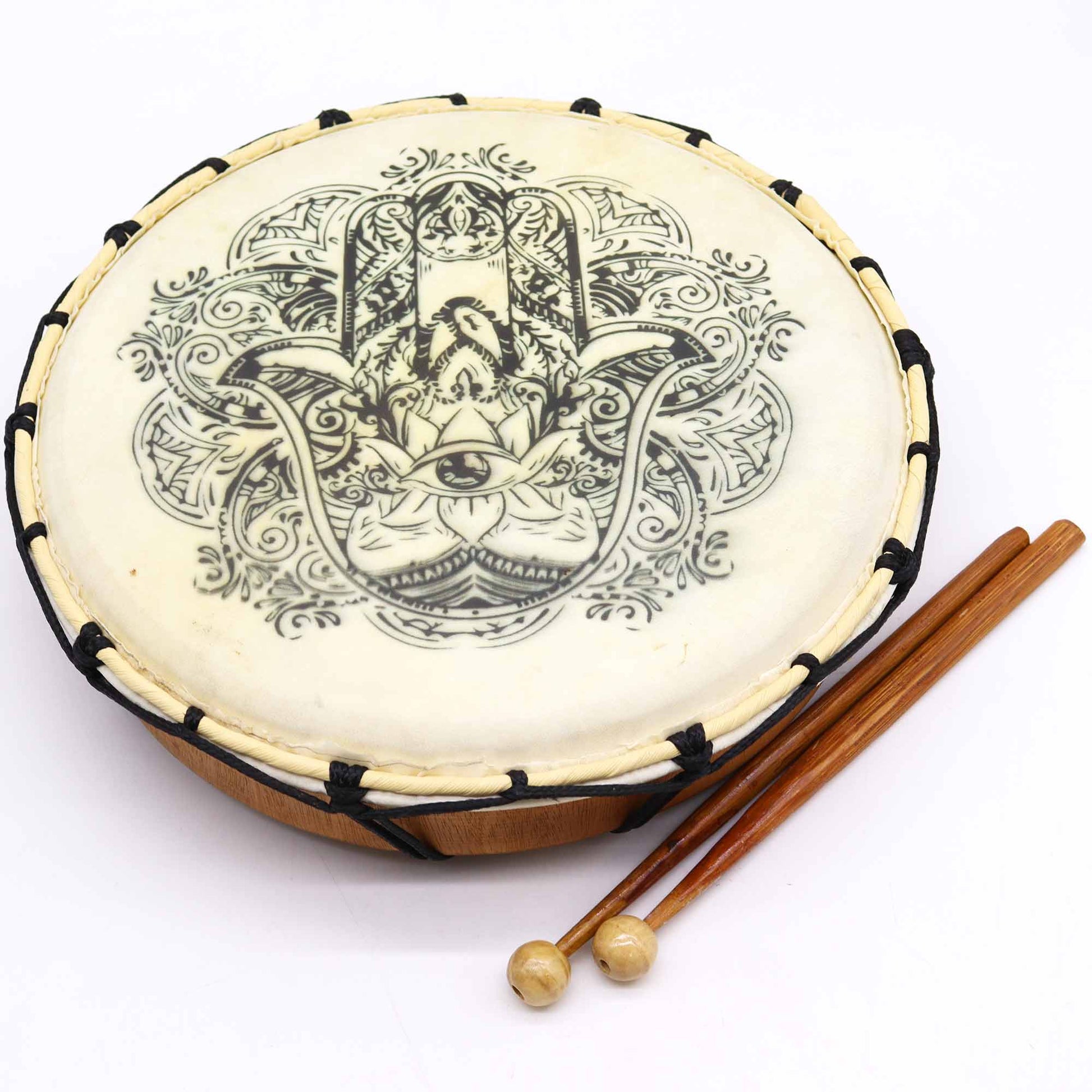 30cm Shamanic Drum with Two Sticks - Hamsa product packaging on clean background from Quintessential Holistic Health Ltd