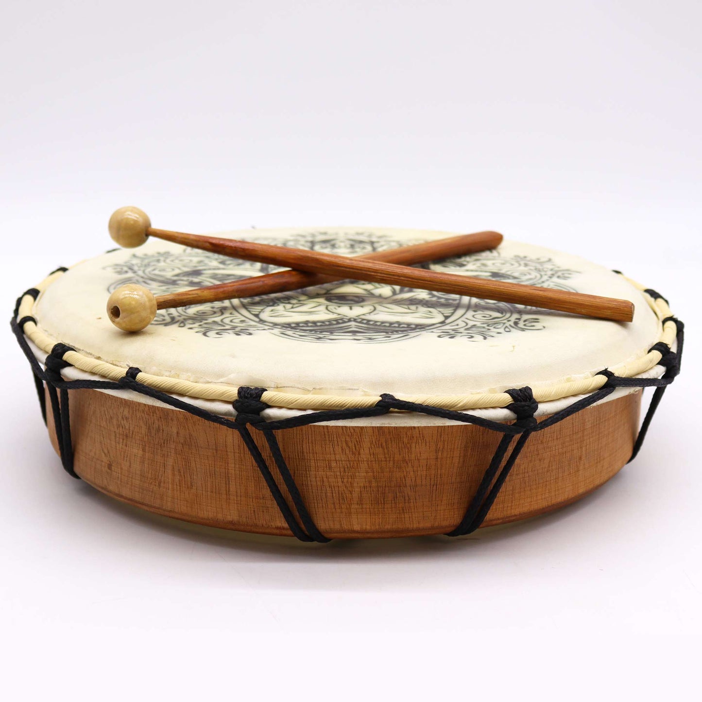 30cm Shamanic Drum with Two Sticks - Hamsa product packaging on clean background from Quintessential Holistic Health Ltd