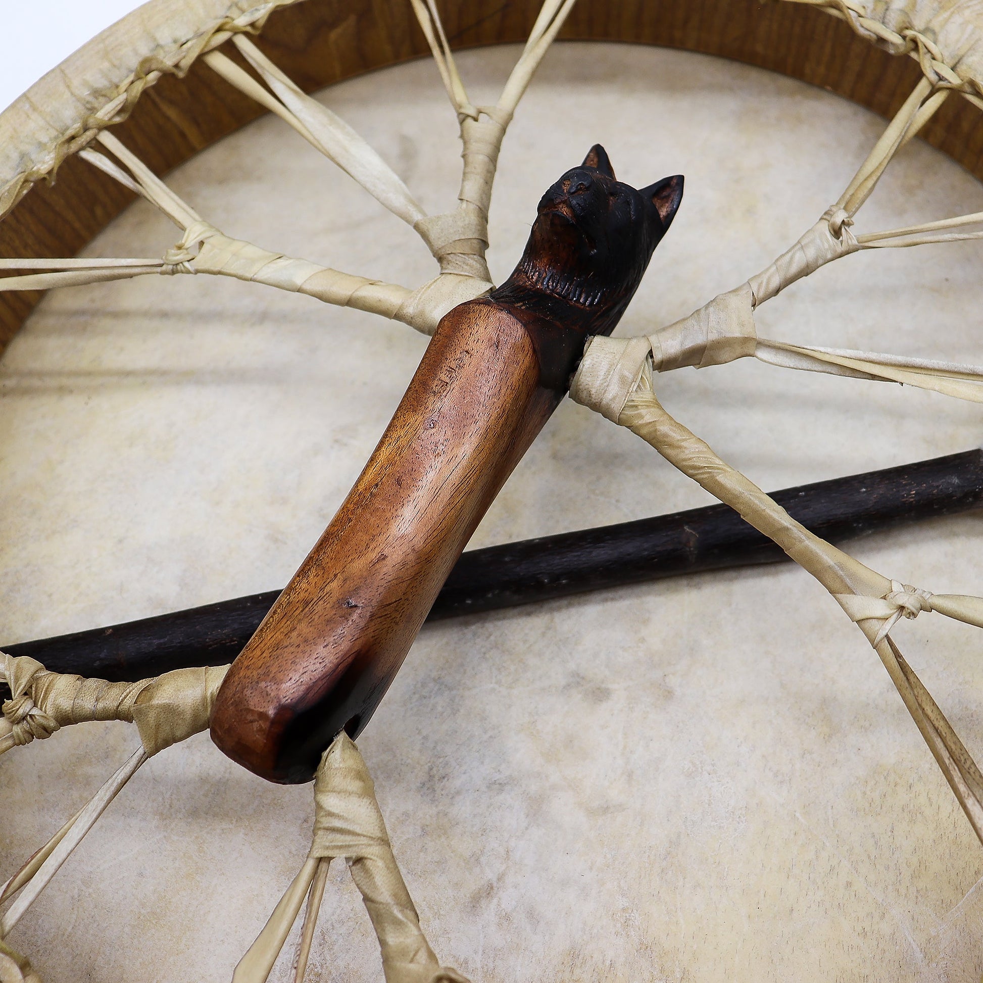 40cm Handmade Tuneable Shaman Drum, Beater Stick and Tuner - Spirit of the Wolf product packaging on clean background from Quintessential Holistic Health Ltd