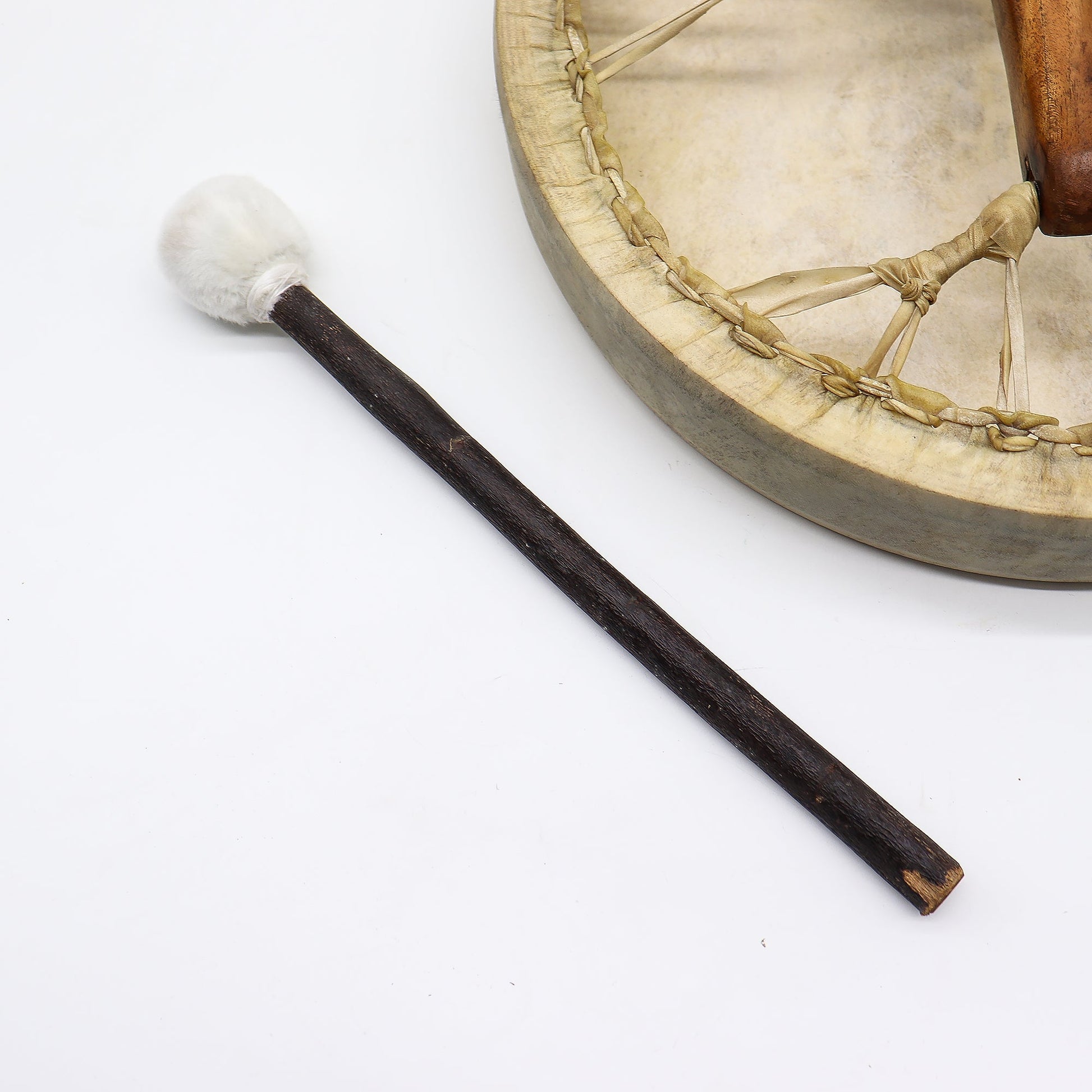 40cm Handmade Tuneable Shaman Drum, Beater Stick and Tuner - Spirit of the Wolf product packaging on clean background from Quintessential Holistic Health Ltd