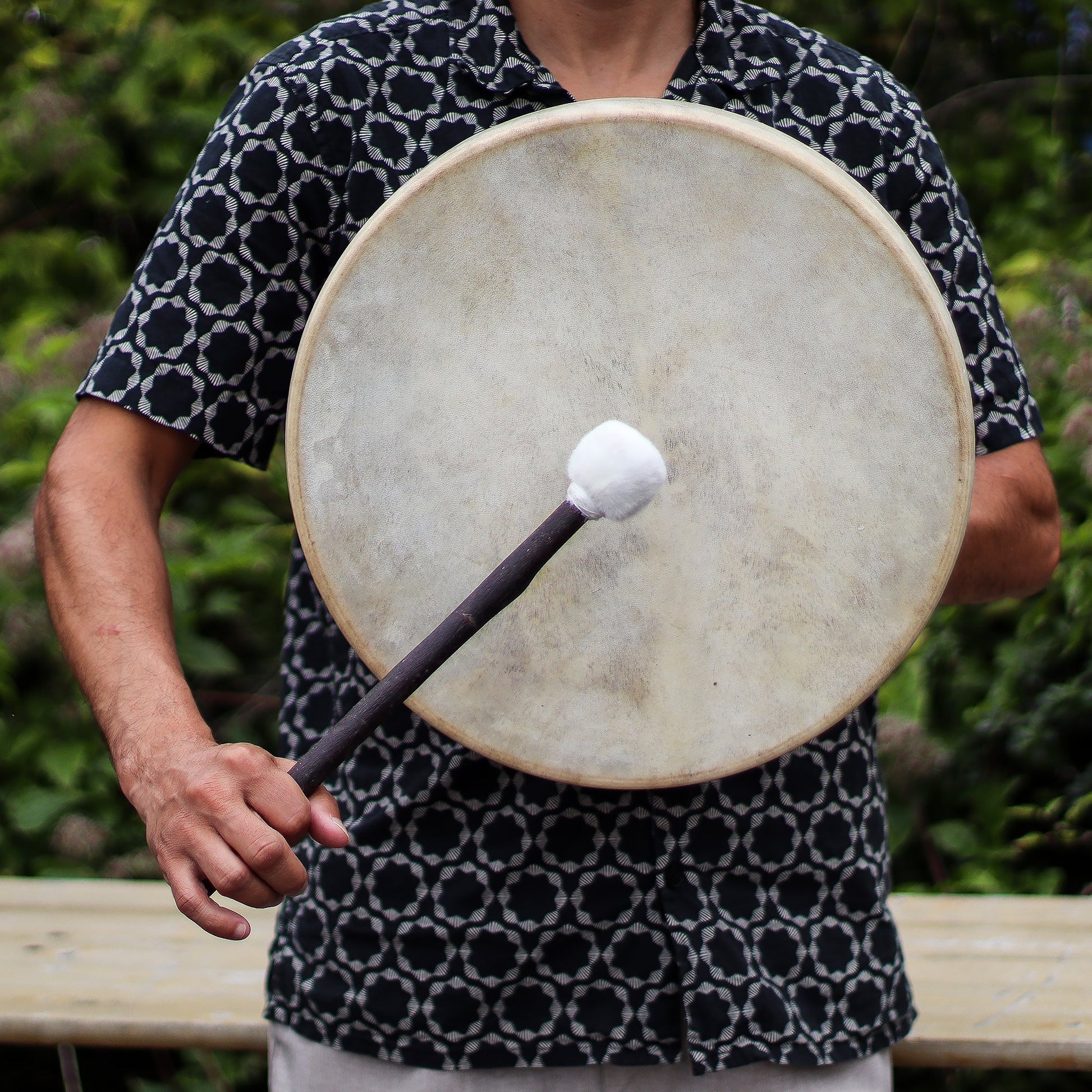 40cm Handmade Tuneable Shaman Drum, Beater Stick and Tuner - Spirit of the Wolf product packaging on clean background from Quintessential Holistic Health Ltd