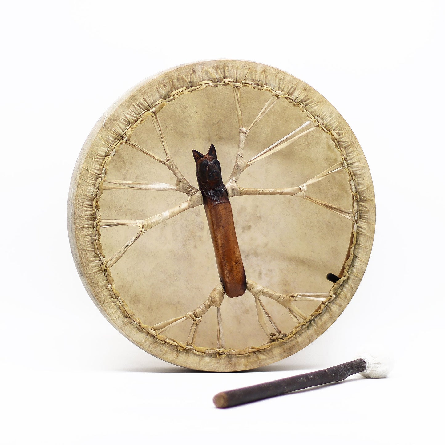 40cm Handmade Tuneable Shaman Drum, Beater Stick and Tuner - Spirit of the Wolf product packaging on clean background from Quintessential Holistic Health Ltd