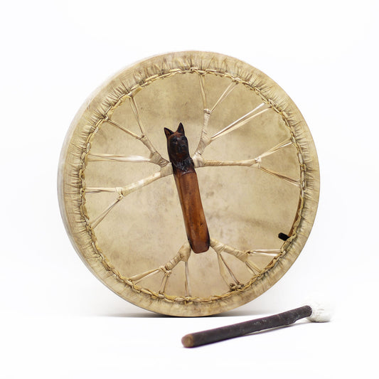 40cm Handmade Tuneable Shaman Drum, Beater Stick and Tuner - Spirit of the Wolf product packaging on clean background from Quintessential Holistic Health Ltd