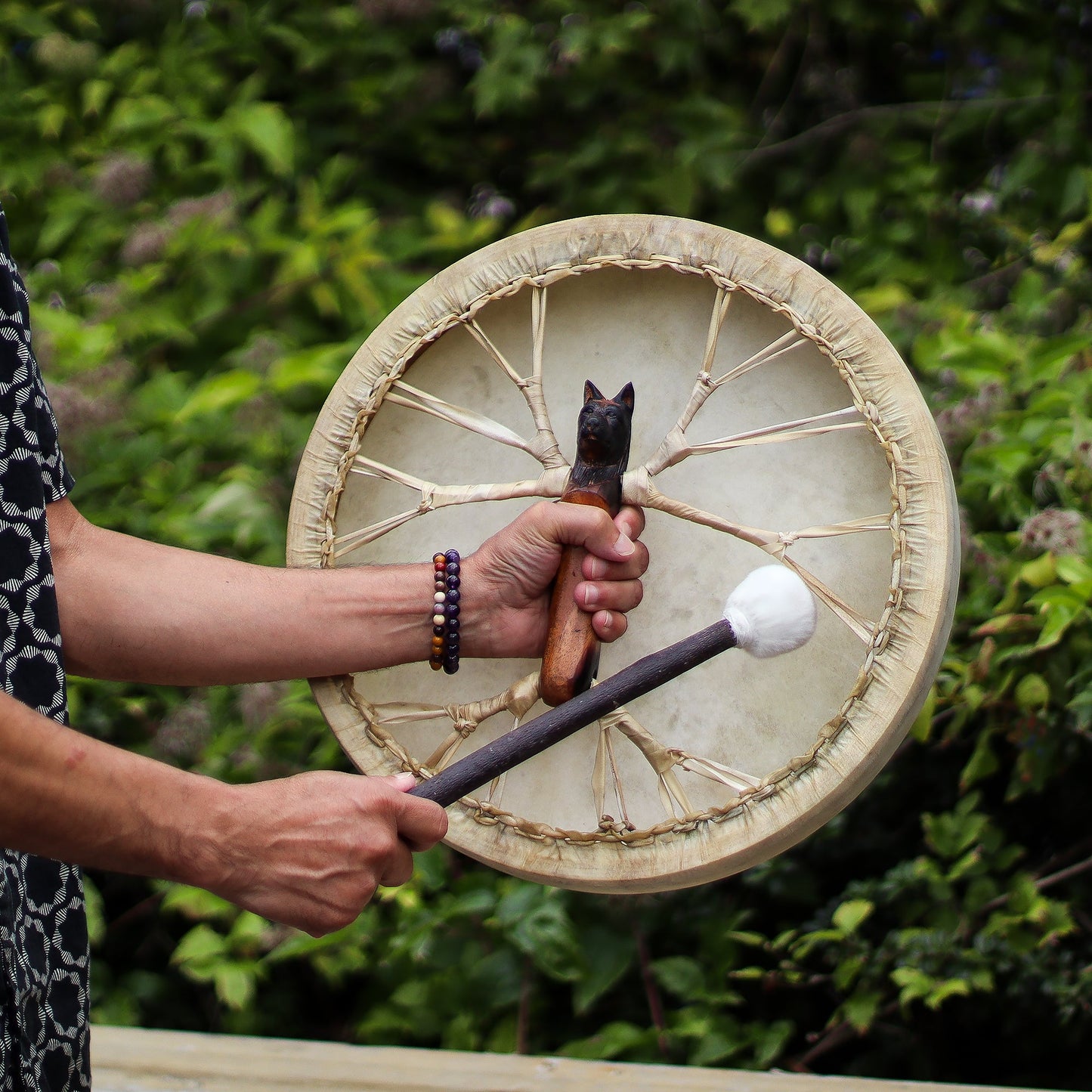 40cm Handmade Tuneable Shaman Drum, Beater Stick and Tuner - Spirit of the Wolf product packaging on clean background from Quintessential Holistic Health Ltd