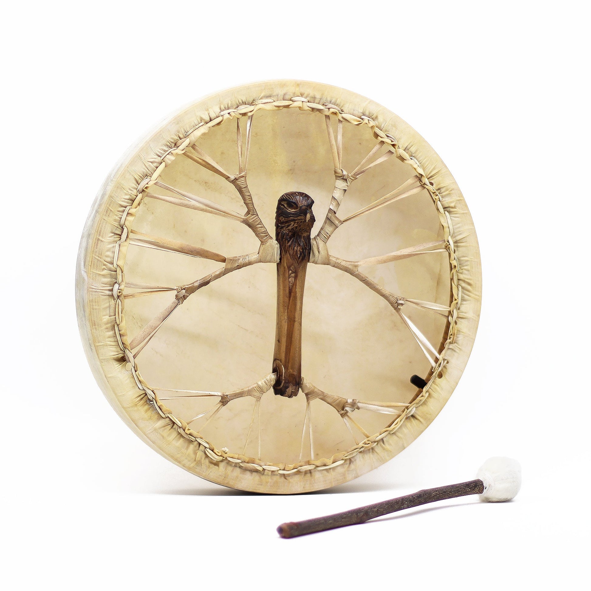 40cm Handmade Tuneable Shaman Drum, Beater Stick and Tuner - Spirit of the Eagle product packaging on clean background from Quintessential Holistic Health Ltd