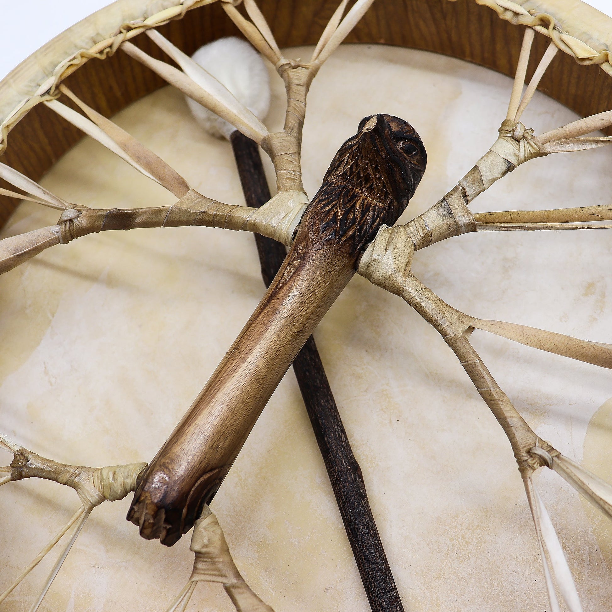 40cm Handmade Tuneable Shaman Drum, Beater Stick and Tuner - Spirit of the Eagle product packaging on clean background from Quintessential Holistic Health Ltd